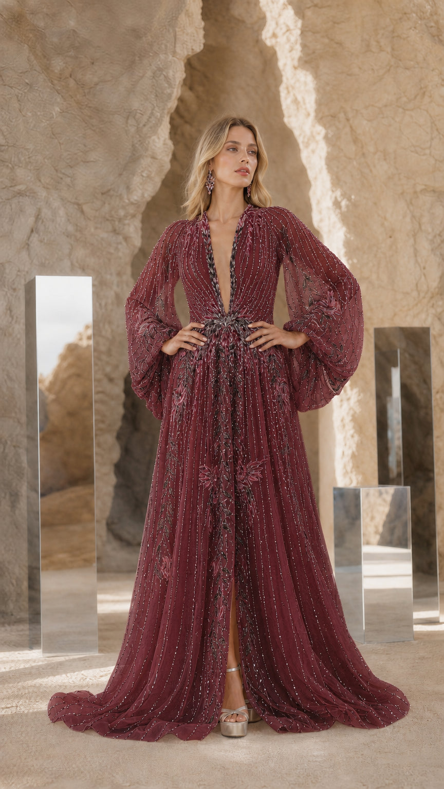 Elegance Embroidered Beaded Long Sleeve Evening Gown
