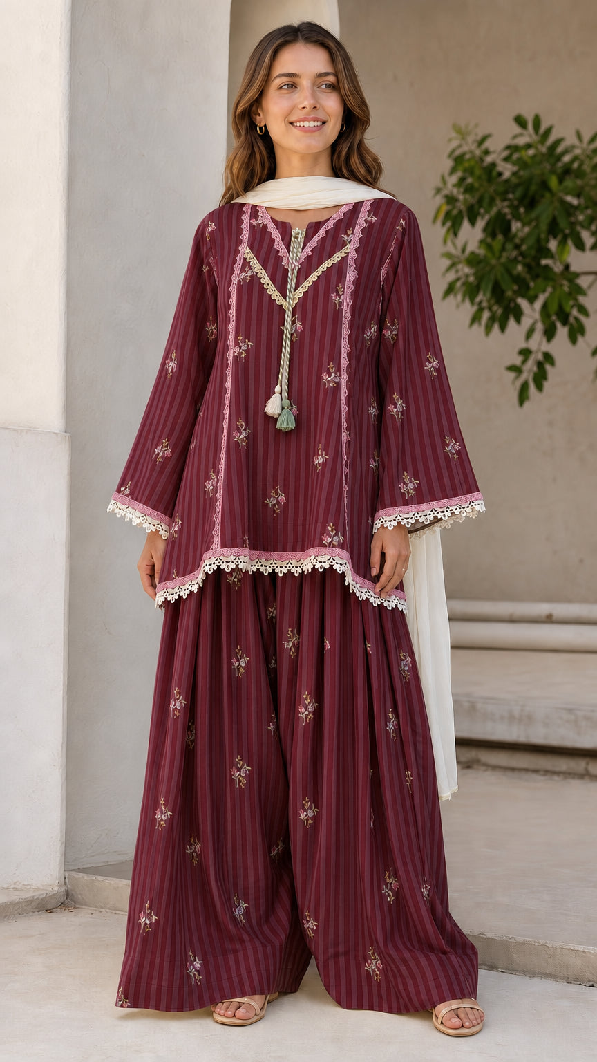 Women's Ethnic Striped Kurti with Sharara and Dupatta Set
