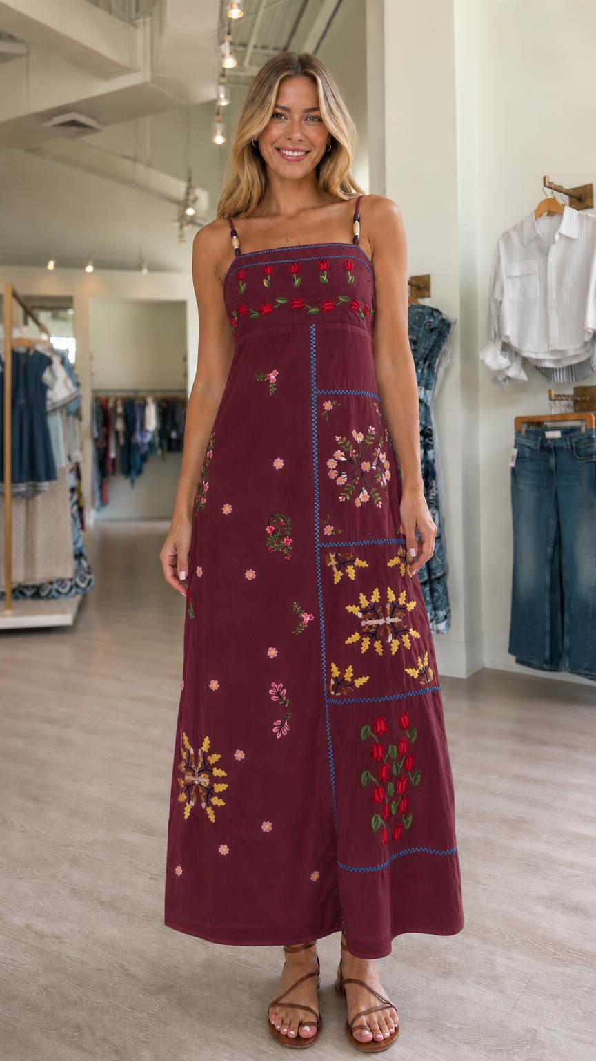 Women's Floral Embroidered Patchwork Spaghetti Strap Maxi Dress