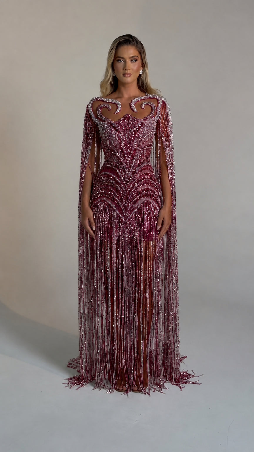 Luminous Beaded Fringe Cape Evening Gown