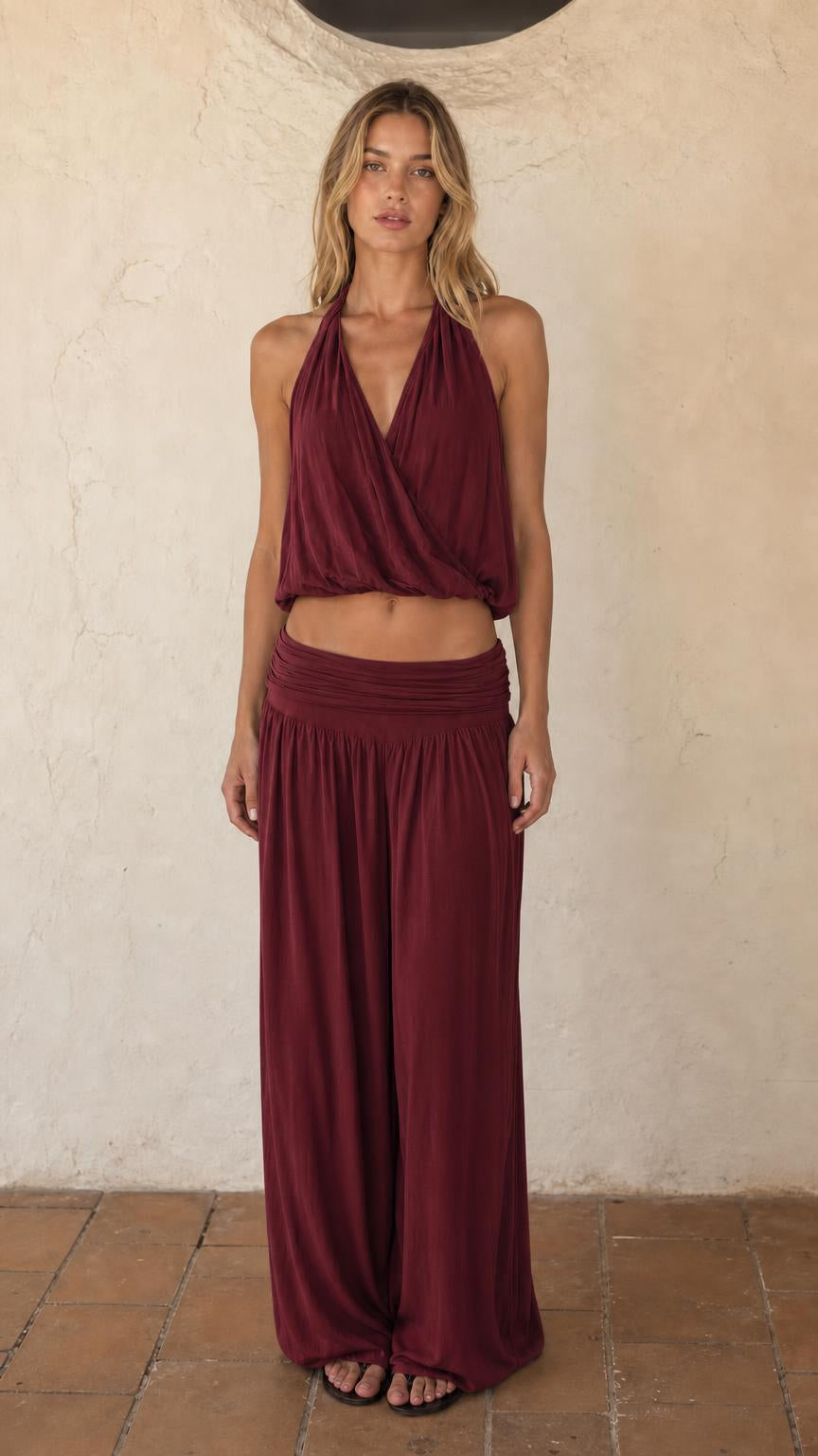 Women's Halter Crop Top and Wide Leg Pants Two-Piece Set