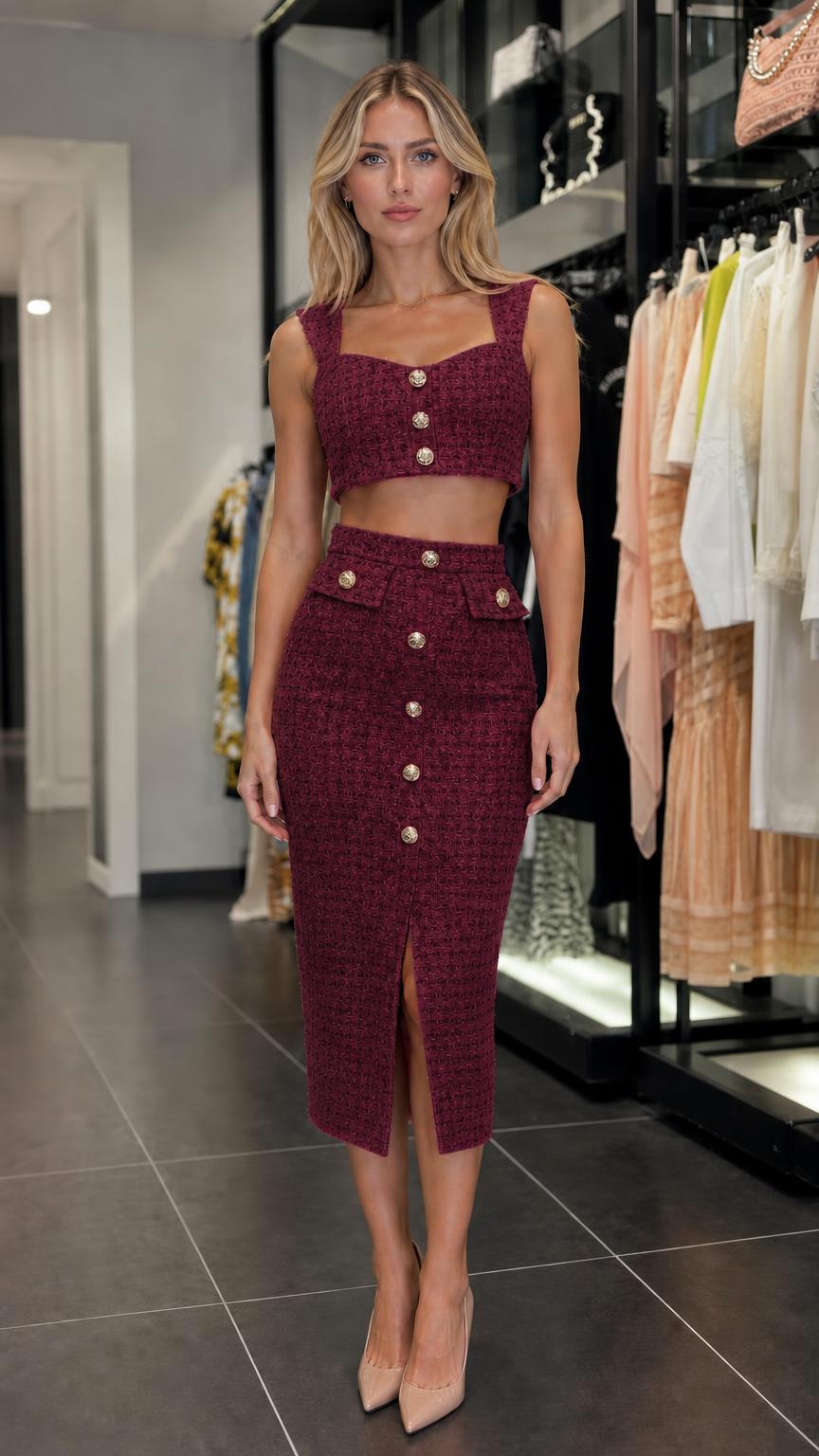 Chic Tweed Crop Top and Midi Skirt Set