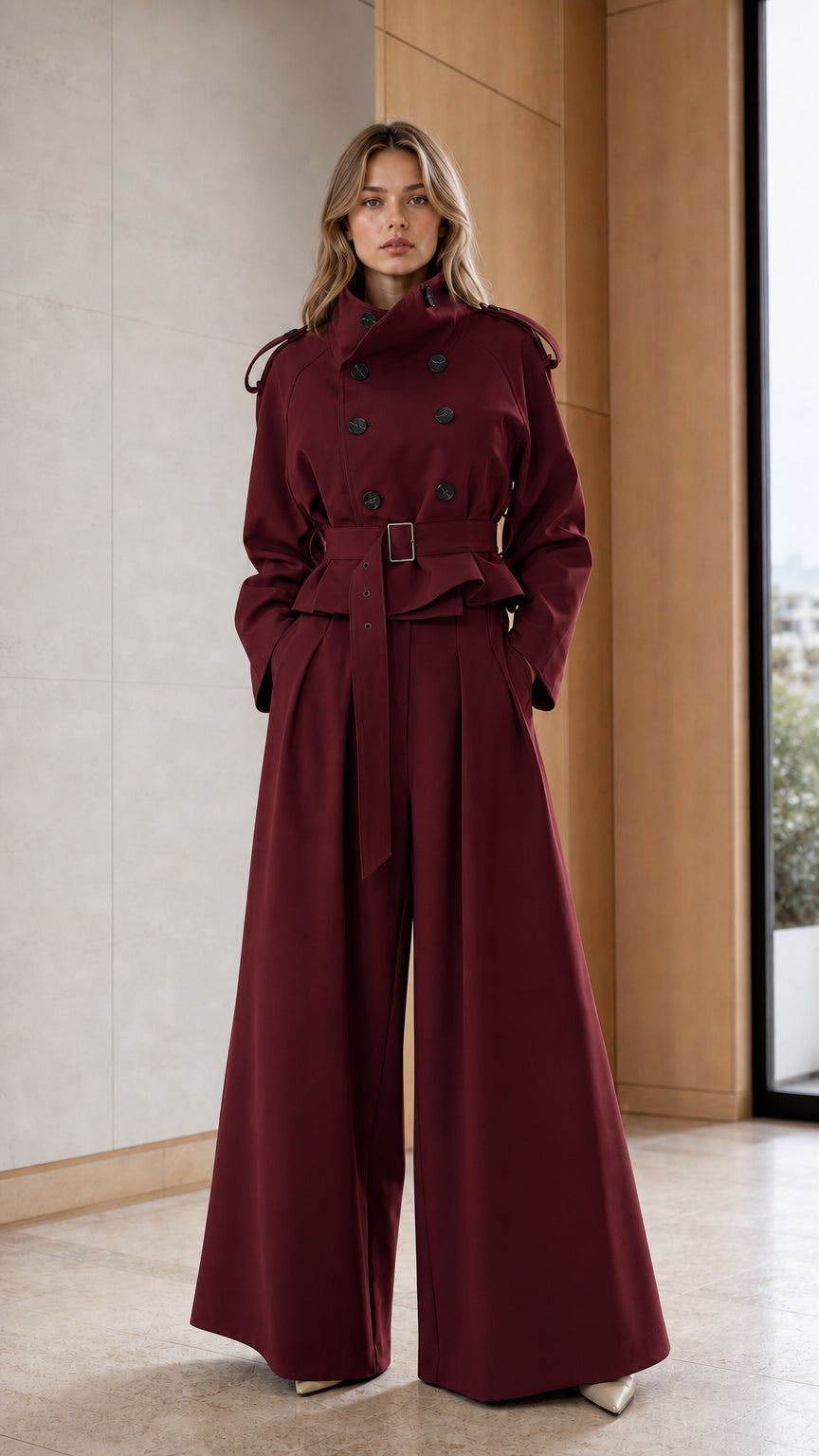 Women's Double-Breasted Trench Jacket and High-Waist Wide-Leg Pants Set