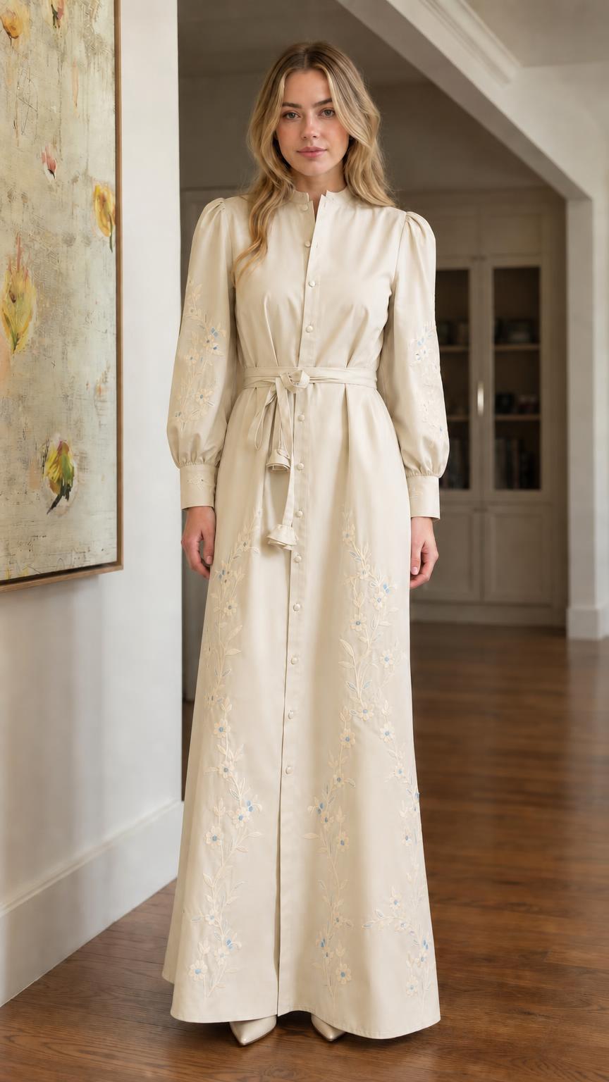 Elegant Floral Embroidered Maxi Shirt Dress with Self-Tie Belt