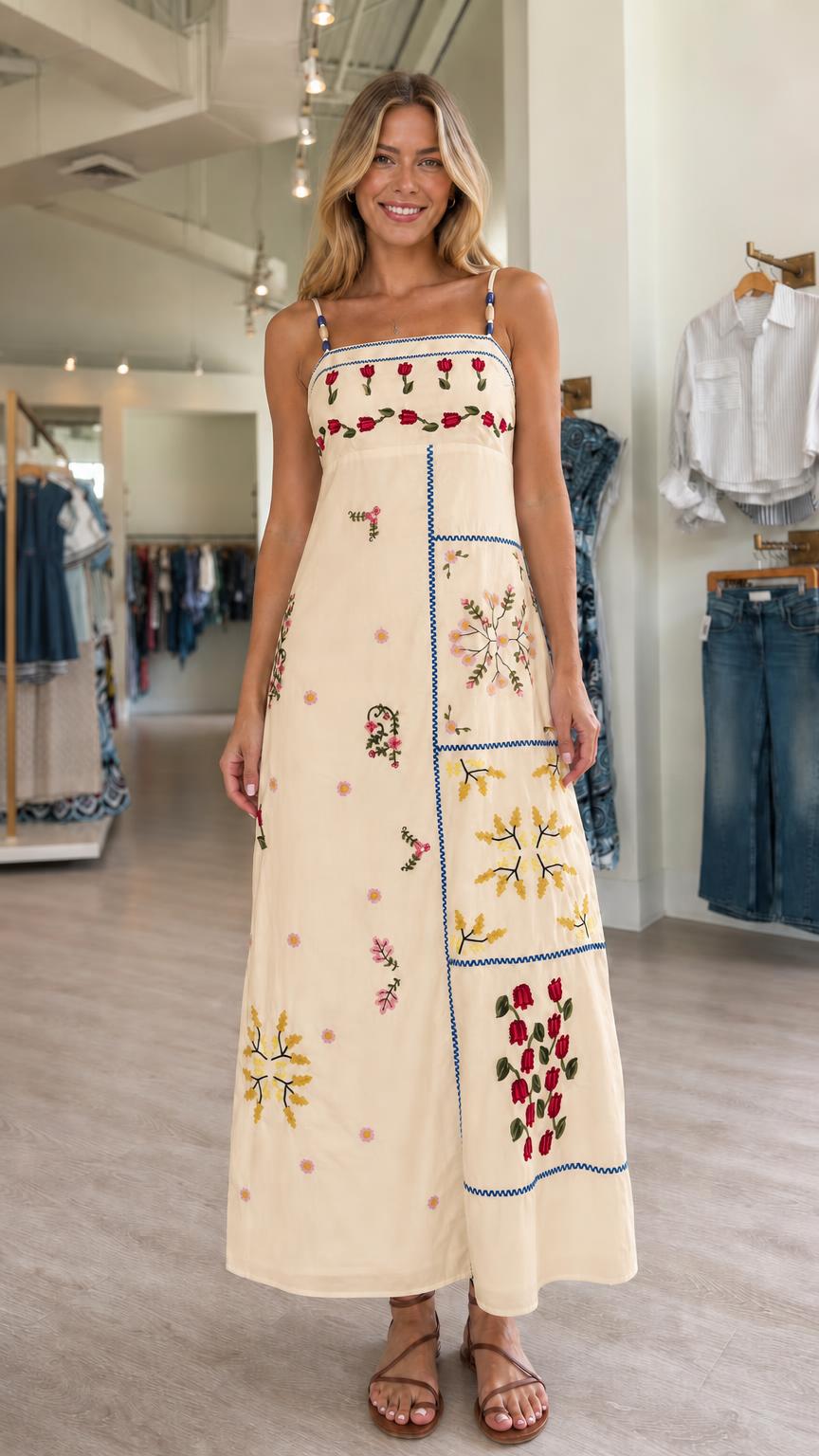 Women's Floral Embroidered Patchwork Spaghetti Strap Maxi Dress
