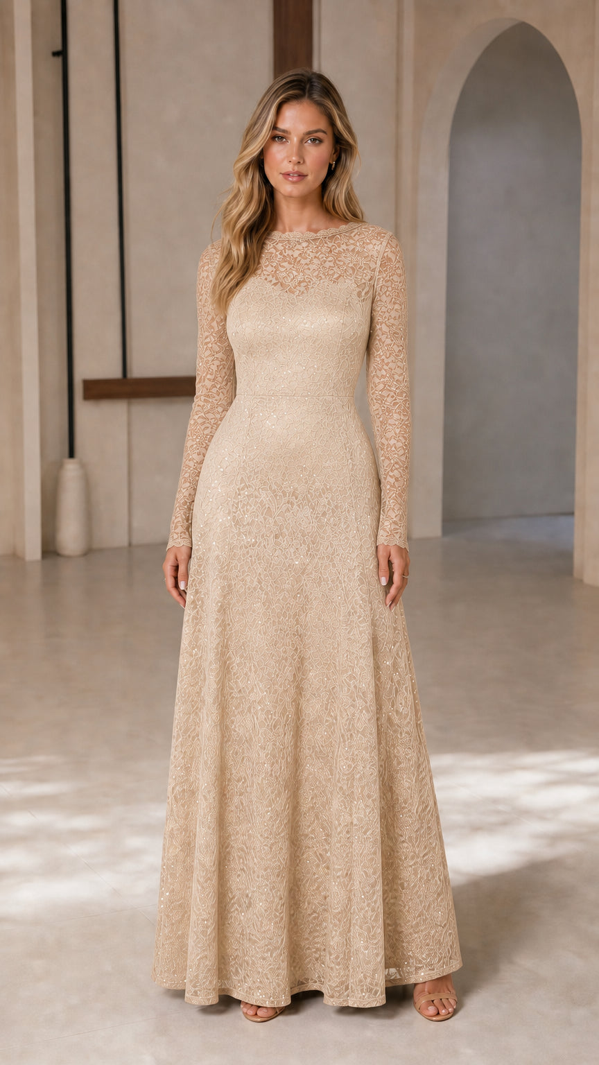 Women's Long-Sleeve Sequin Lace Evening Gown