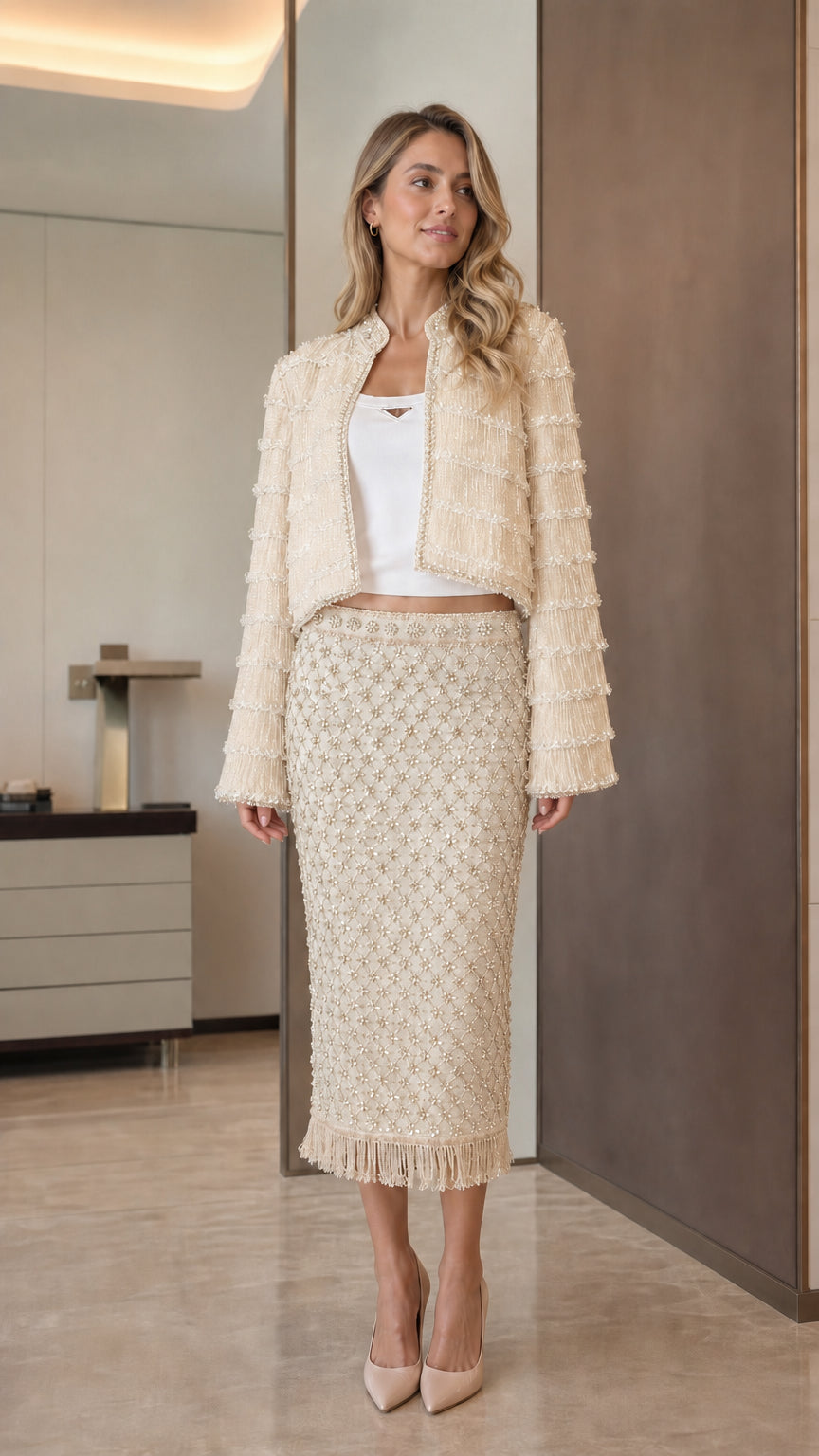Elegance Tweed Open-Front Crop Jacket & Midi Skirt Set