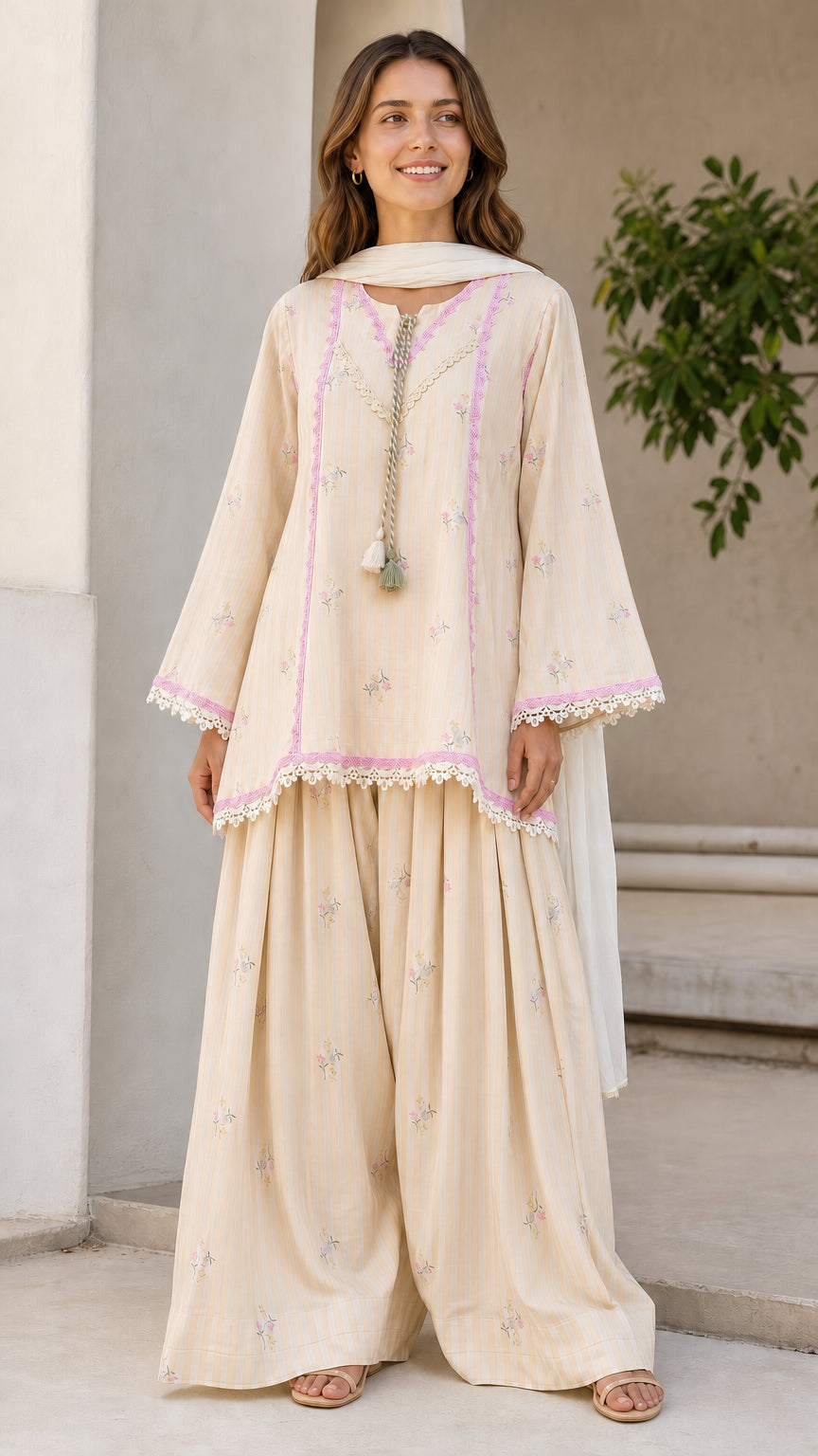 Women's Ethnic Striped Kurti with Sharara and Dupatta Set