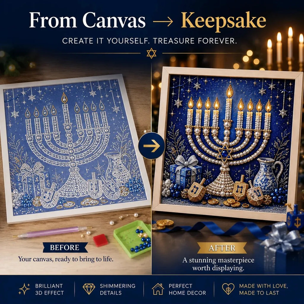 🕎 Premium 3D Pearl Hanukkah Art Kit | Luxury Flocked Canvas with Scratch-Resistant Non-Fading Acrylic Resin Pearls & Faceted Drills DIY Festival of Lights Decor 💙✨