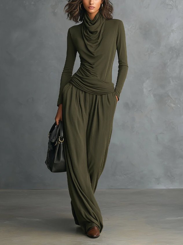 Casual Plain Ruched Cowl Neck T-shirt