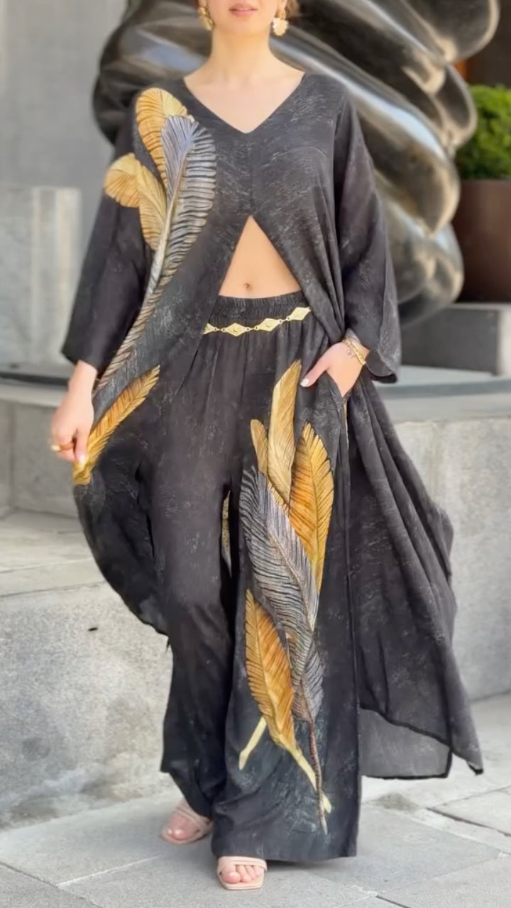 Print Cutout Long Sleeve Top & Wide Leg Pants Co‐Ord Set