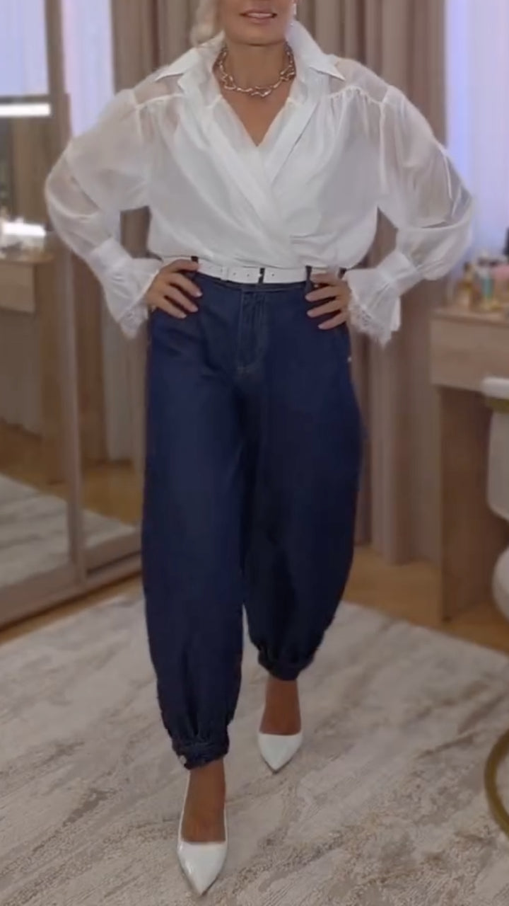 Sheer Surplice Ruffle Top &  Denim Jogger Pants Set
