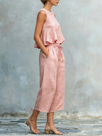 Casual Solid Relaxed Cropped Lace-up Wide Leg Pants