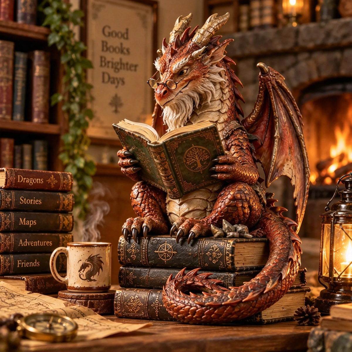 Scholar Dragon Book Stack Statue