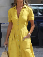 Urban Plain Buttoned Shirt Collar Maxi Dress