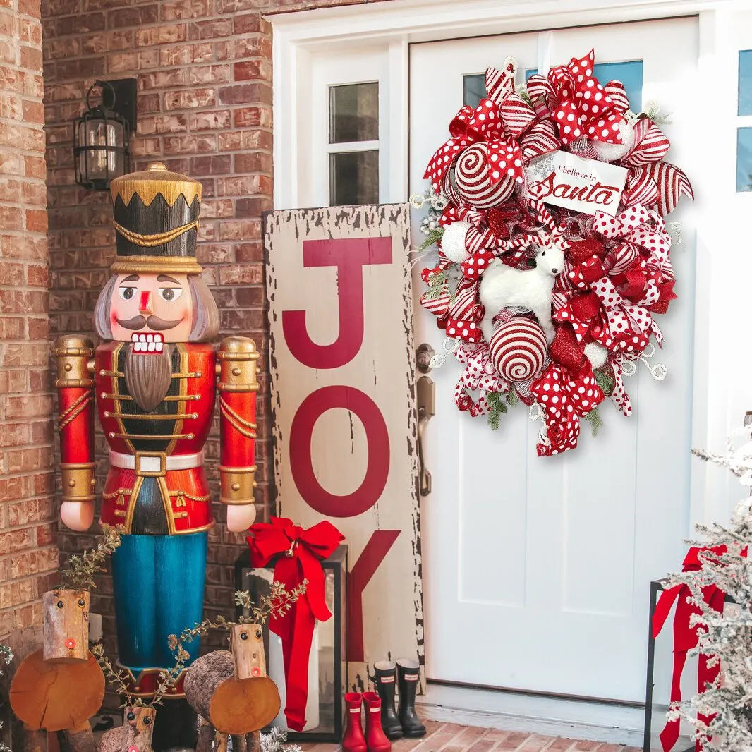 Winter wreath for front door  ,with white winter deer ornaments and sign