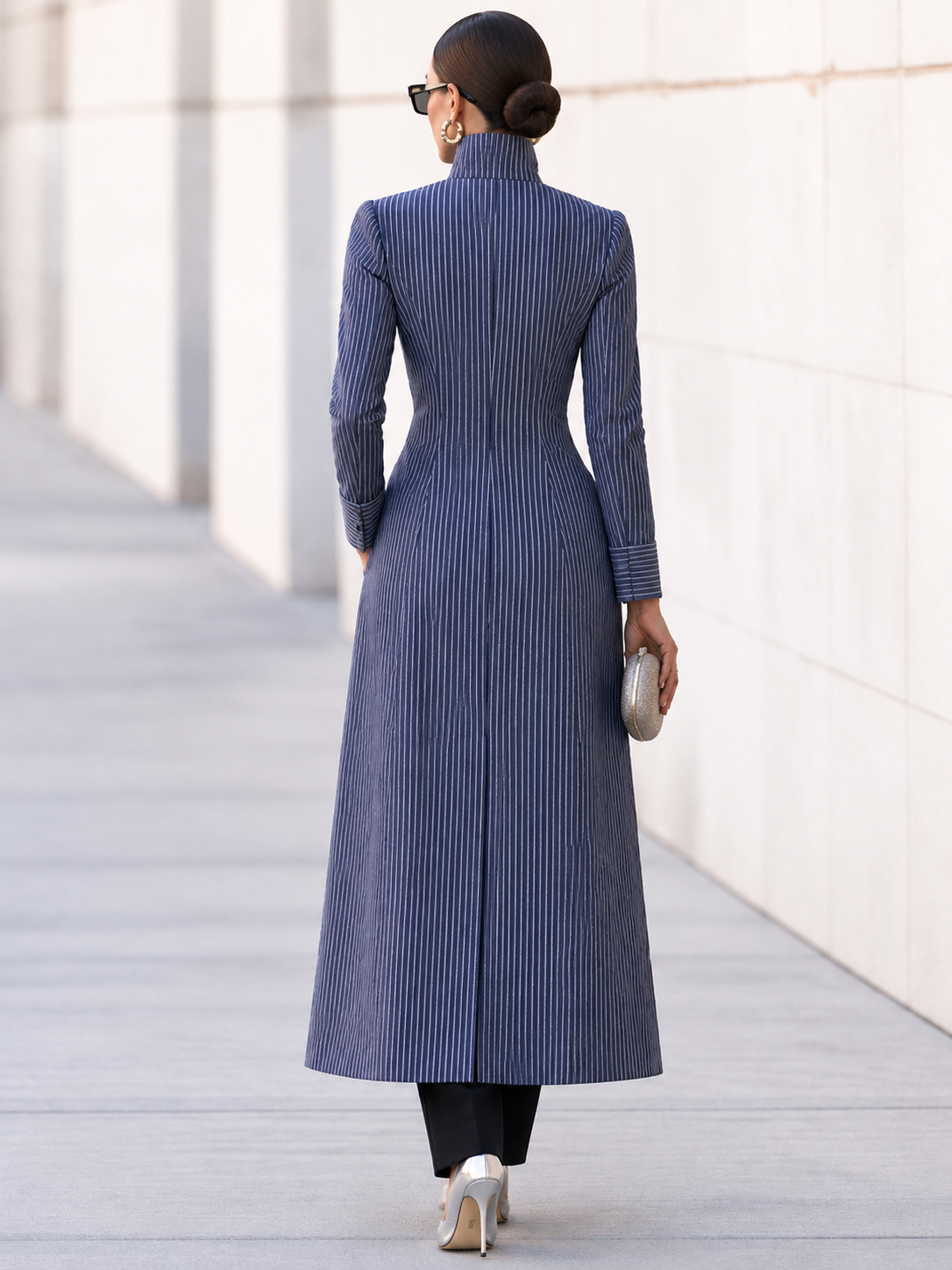 Pinstripe Tailored Maxi Coat with Stand Collar