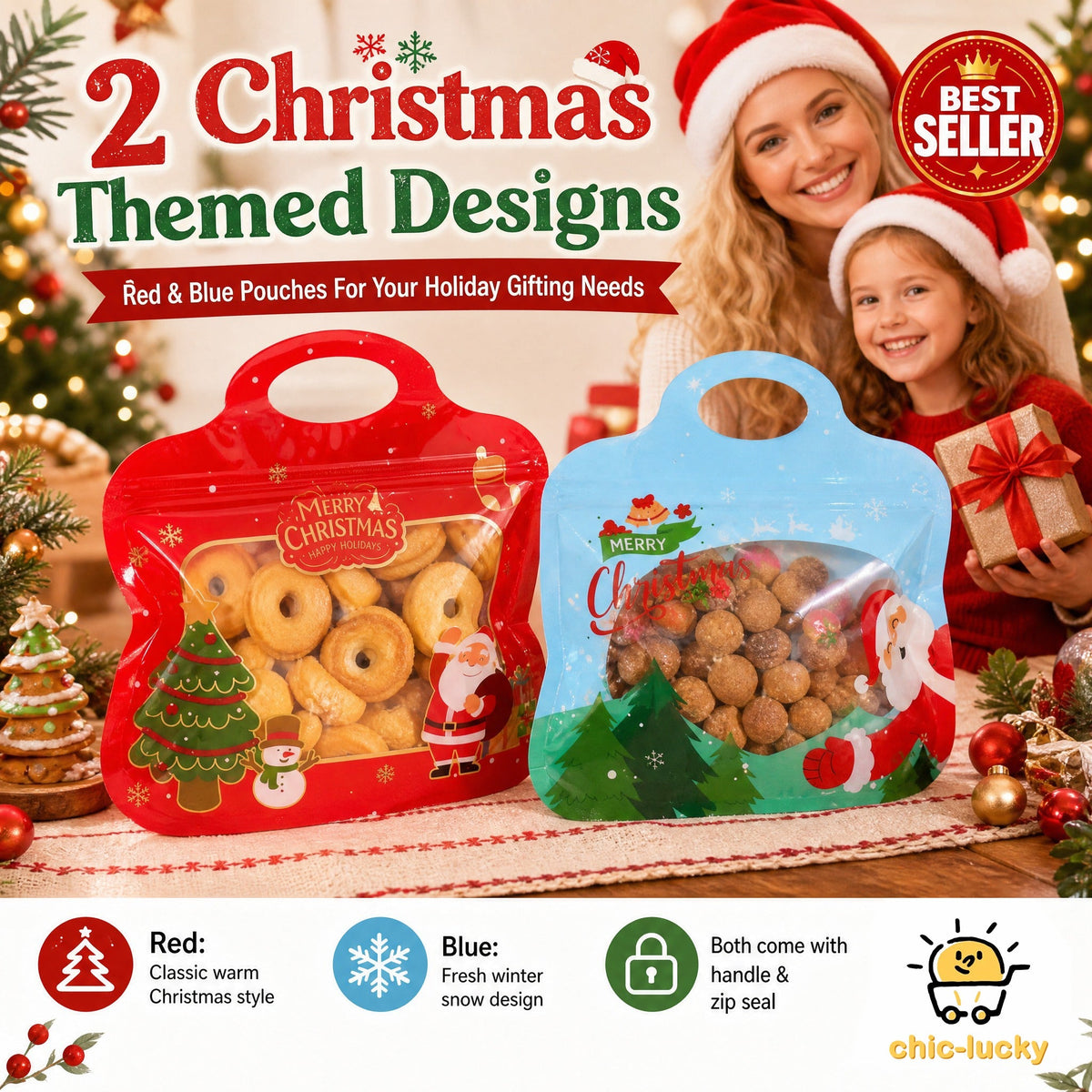 🎅LAST DAY SALE 50% OFF!!🎁Easy Fill, Easy Seal🎄 Festive Self-Seal Treat Bags – Santa & Snowman Print | Resealable, Food-Safe & Perfect for Cookies, Chocolates & Little Gifts⛄