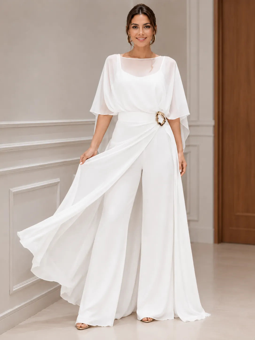 Women's Two-Piece Chiffon Casual Set (Faux Two-Piece Top + Faux Two-Piece Pants)