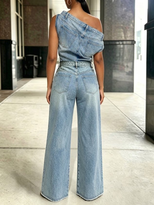 Casual Plain Distressing Off The Shoulder Denim Top
