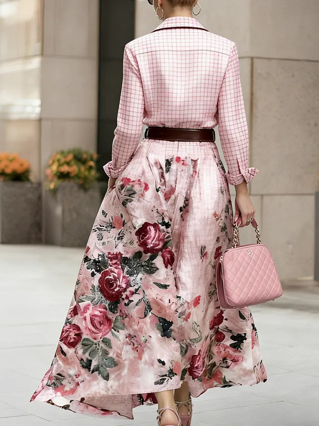 Elegant 3D Printing Shirt Collar Maxi Dress No Belt