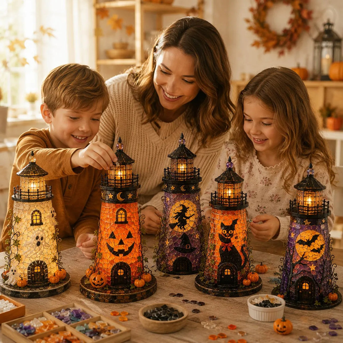 🎃 Beginner-Friendly Lighted Halloween Lighthouse DIY Kit – Sea Glass-Style Mosaic Collection