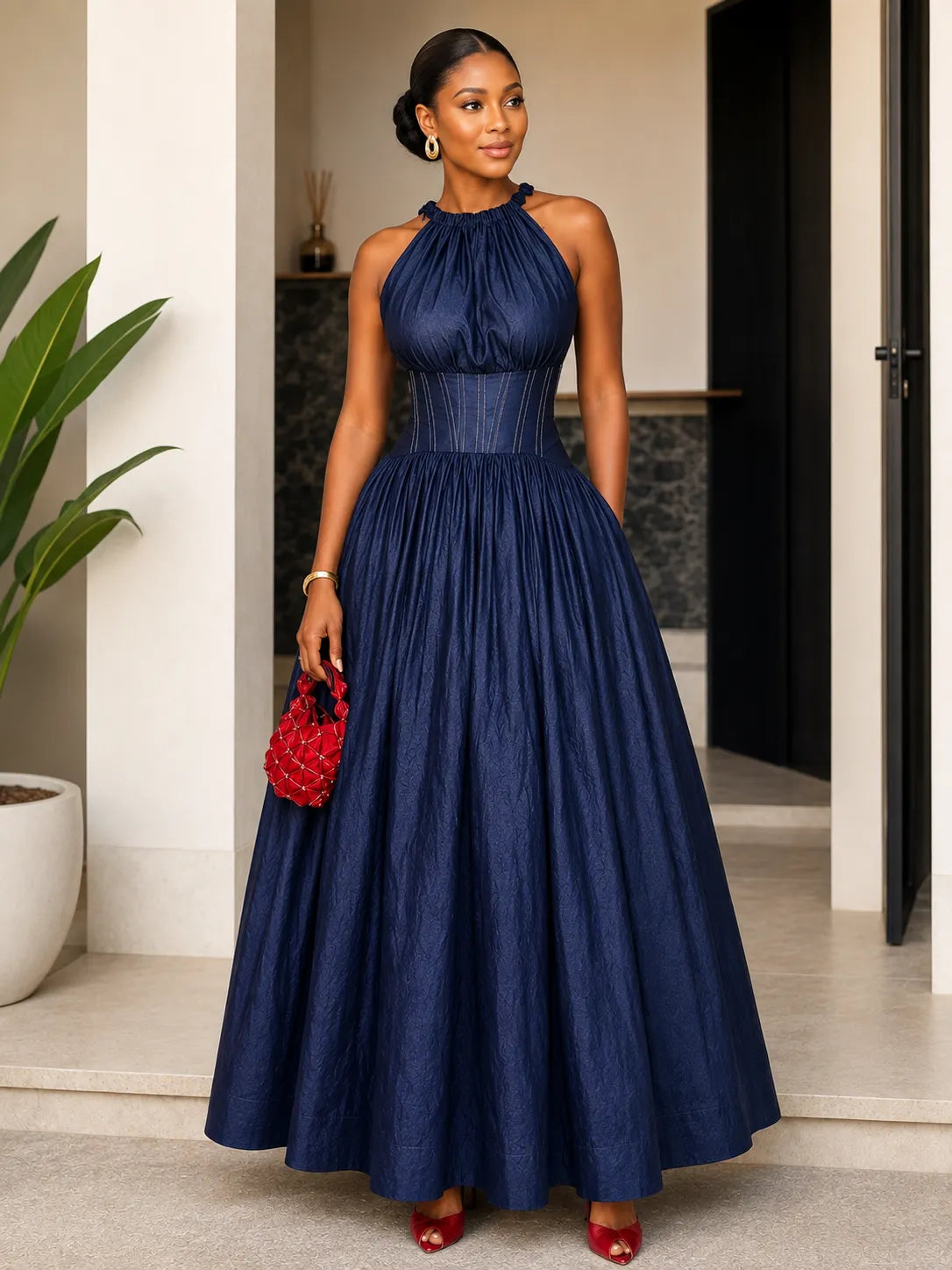 Dark Denim Halter Corset Waist Maxi Dress