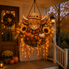 🐮🎃 Highland Cow Fall Hanging Basket with Warm LED Lights – Rustic Autumn Porch Decor & Farmhouse Welcome Accent