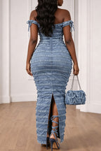 Women's Off Shoulder All Over Tie Cut Out Denim Midi Bodycon Dress