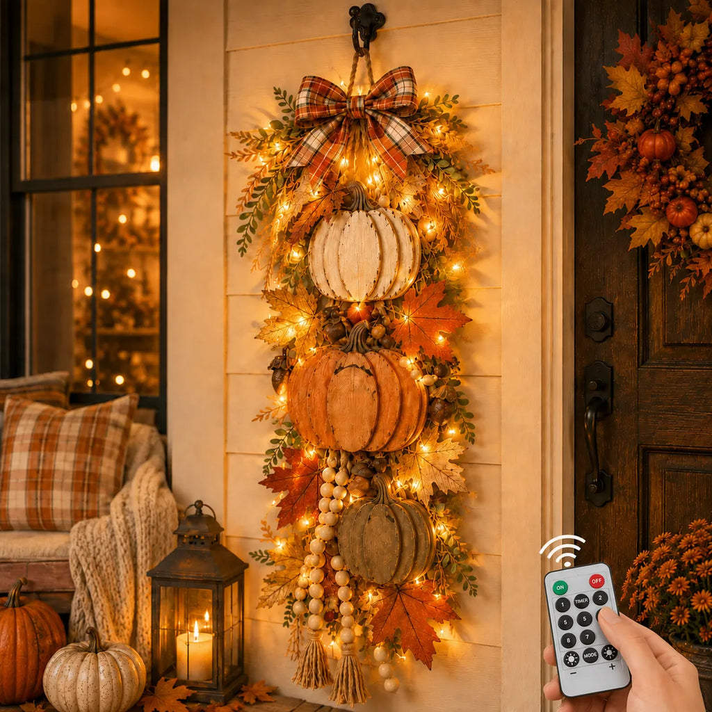 Lighted Harvest Fall Door Decor with Warm LED Lights