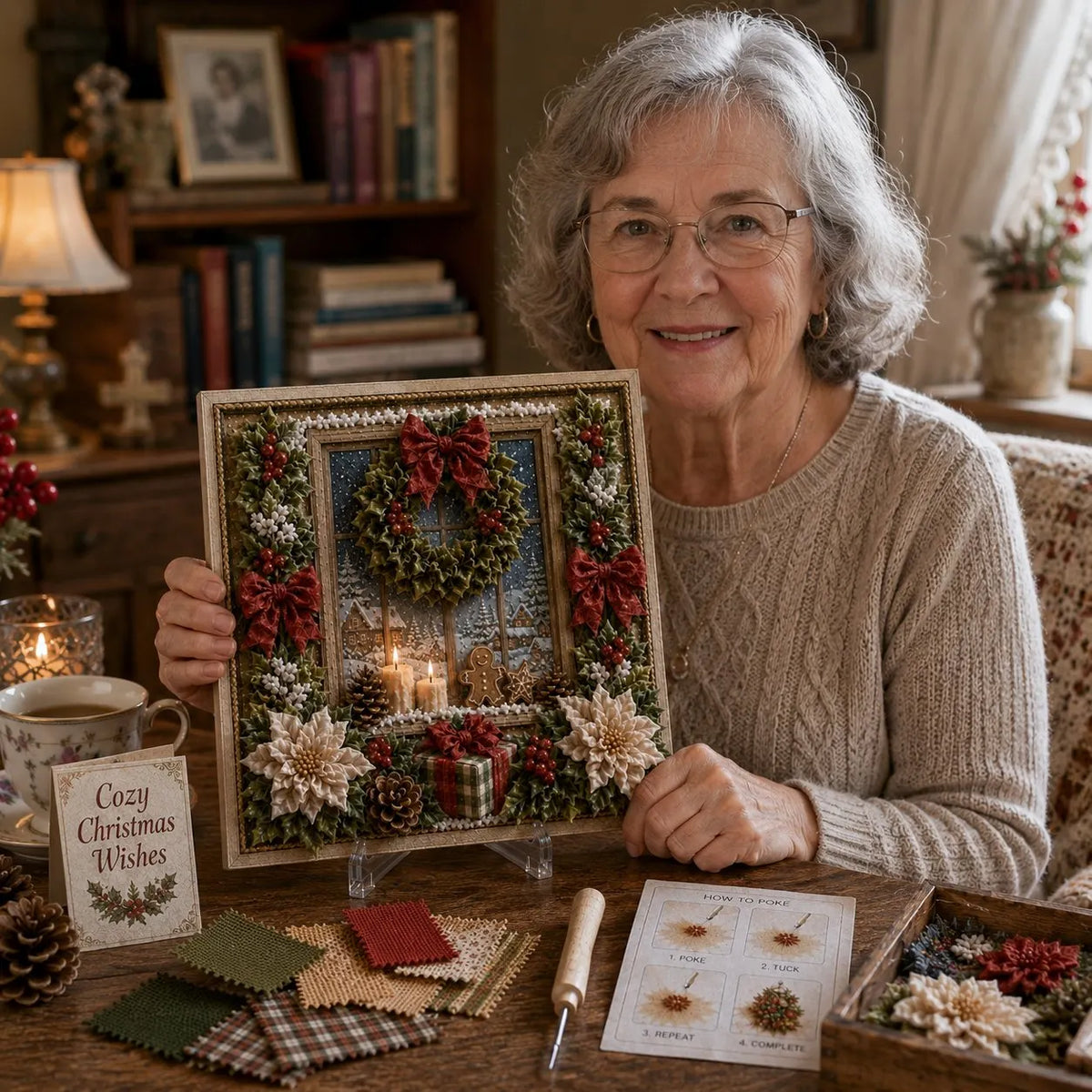 Premium 3D Christmas Fabric Poke Art Kit | No-Sew Holiday Craft with Pre-Punched Board, Fabric Squares & Display Stand