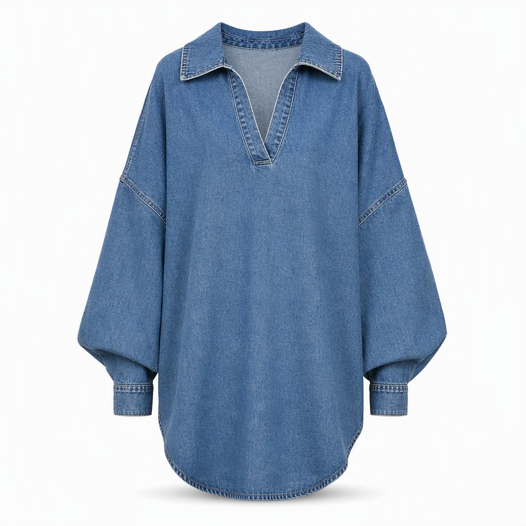 ⏳LAST DAY SALE ONLY ￡19.99!!💙 Women's Casual Loose Denim V-Neck Pullover Shirt with Batwing Sleeves and Asymmetrical Hem