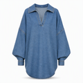 ⏳LAST DAY SALE ONLY ￡19.99!!💙 Women's Casual Loose Denim V-Neck Pullover Shirt with Batwing Sleeves and Asymmetrical Hem