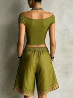 High-Waist Ethnic Print Cotton-Linen Casual Shorts
