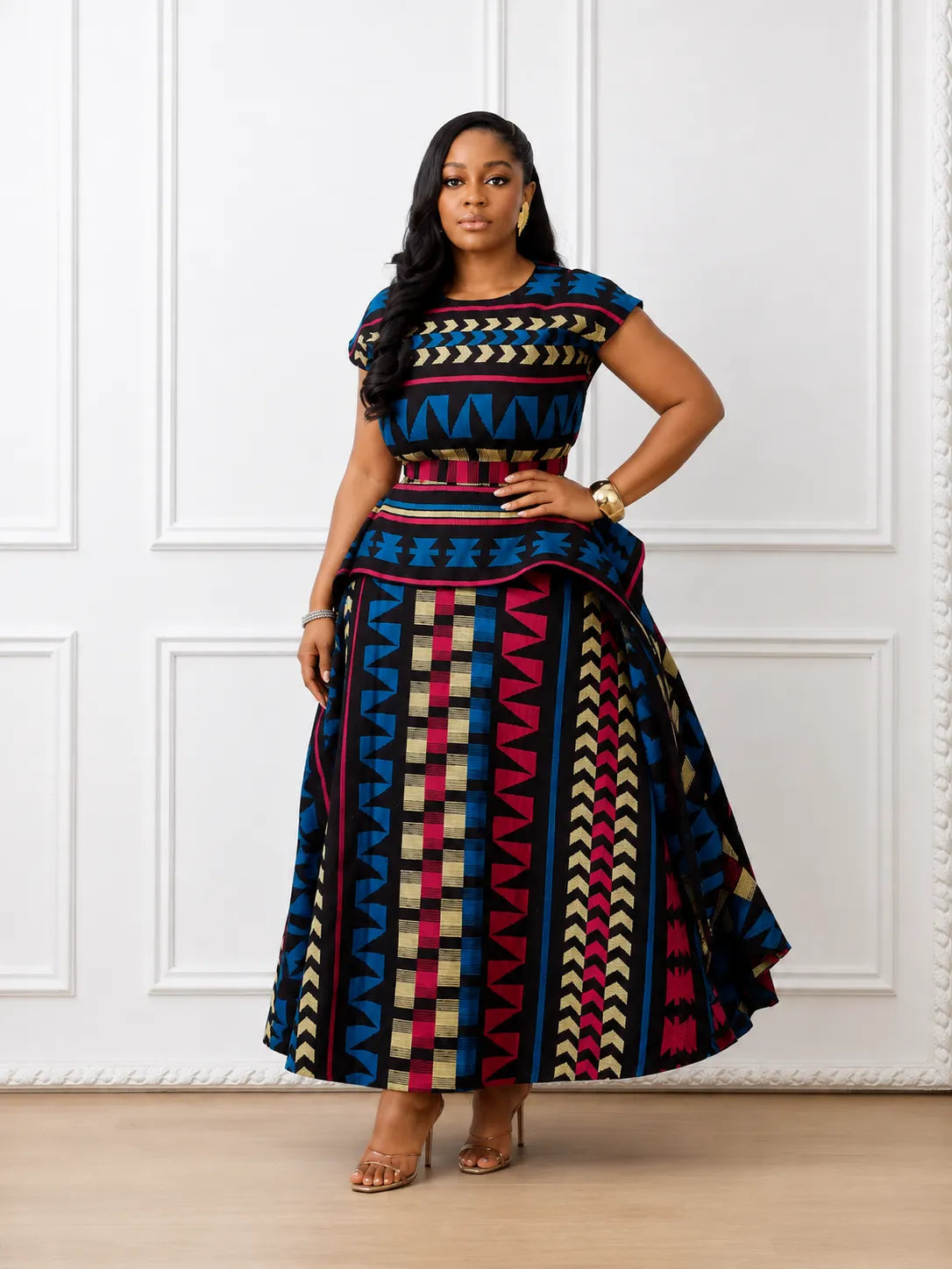 Multicolored African Print Peplum Maxi Dress