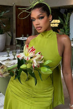 Mock Neck Off Shoulder Ruched Evening Gowns Maxi Dresses-Green [Pre Order]