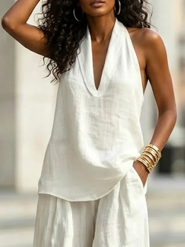 Cotton Casual Plain Halter Neck Blouse
