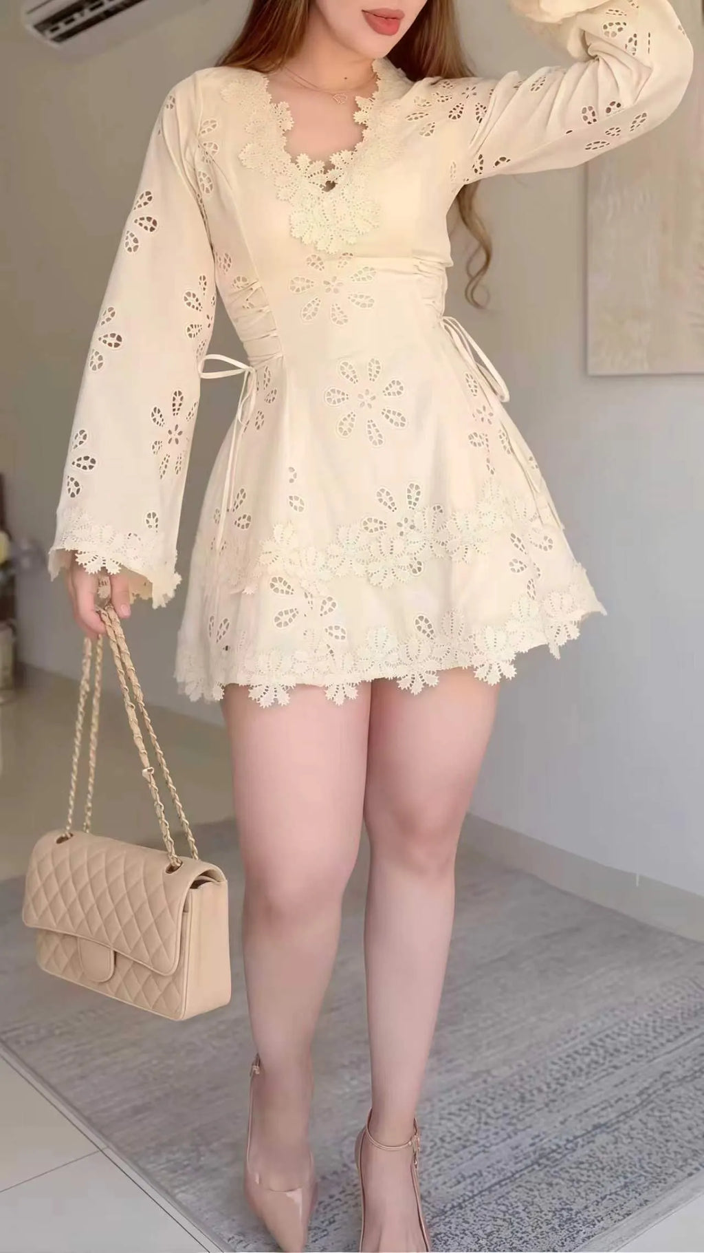 Cream Lace Eyelet Mini Dress