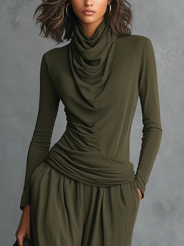 Casual Plain Ruched Cowl Neck T-shirt