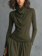 Casual Plain Ruched Cowl Neck T-shirt