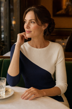 Asymmetric Color-Block 3/4 Sleeve Knit Top