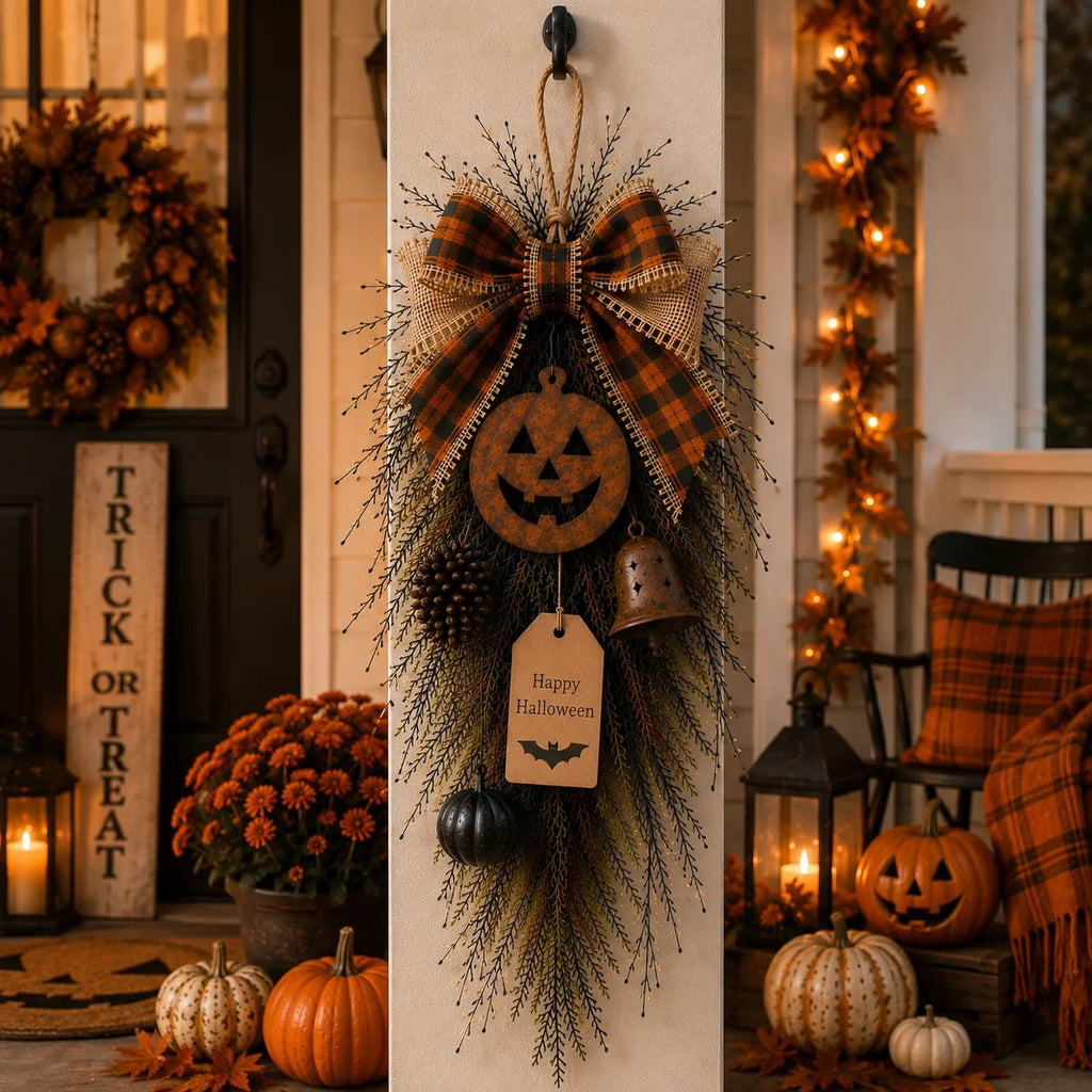 🎃🍂 Rustic Halloween Pumpkin Door Swag – Plaid Bow & Bell Hanging Décor