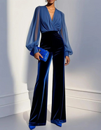 Navy Blue Sheer-Sleeve Velvet Jumpsuit
