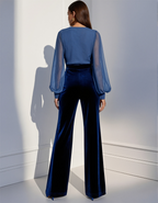 Navy Blue Sheer-Sleeve Velvet Jumpsuit