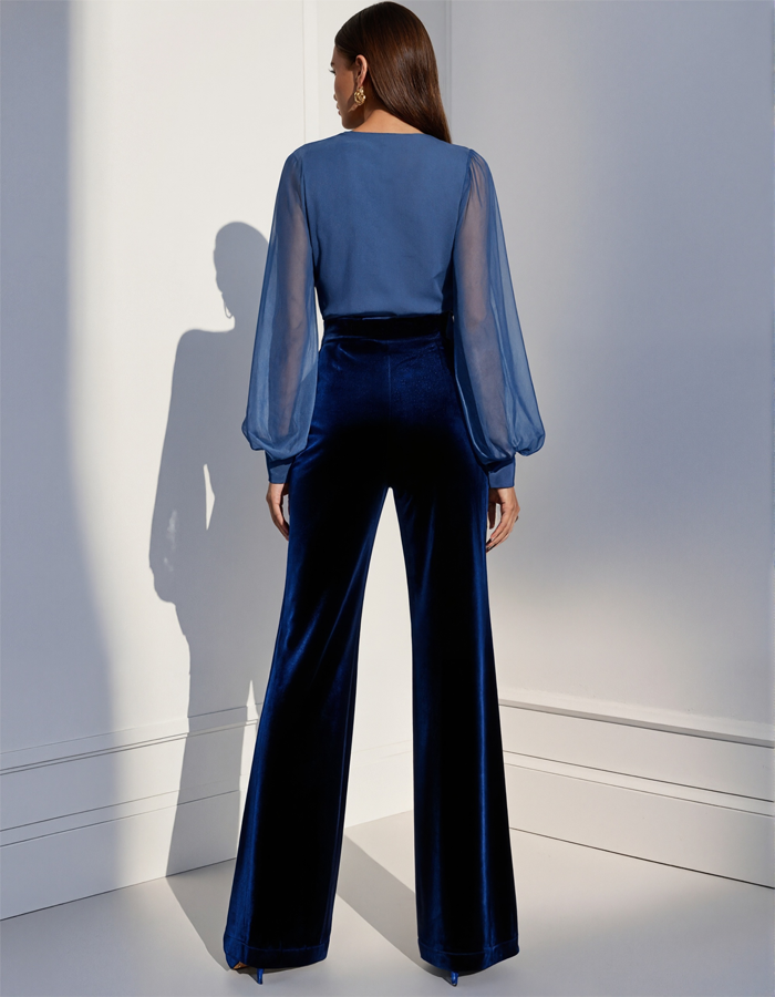 Navy Blue Sheer-Sleeve Velvet Jumpsuit