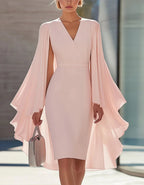 Solid Color Capestyle Waist Cinching Knee-length Dress
