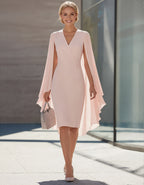 Solid Color Capestyle Waist Cinching Knee-length Dress