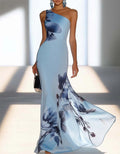 Light Blue Satin Ink Wash Floral Sloping Shoulder Fishtail Maxi Dress