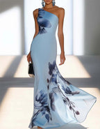 Light Blue Satin Ink Wash Floral Sloping Shoulder Fishtail Maxi Dress