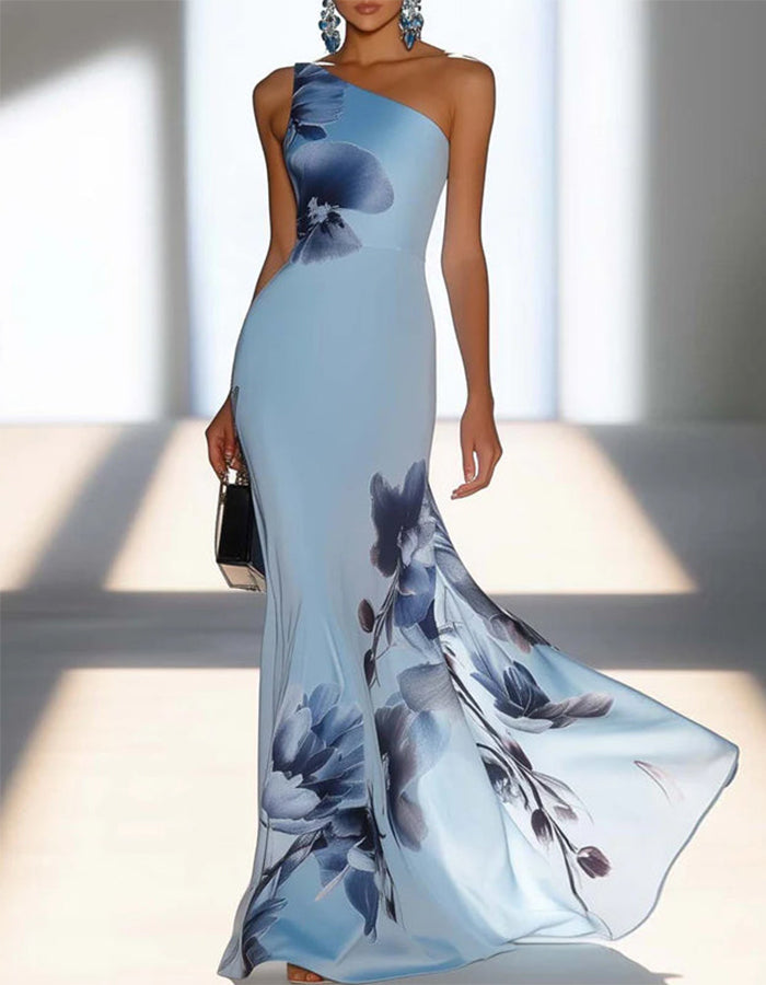 Light Blue Satin Ink Wash Floral Sloping Shoulder Fishtail Maxi Dress